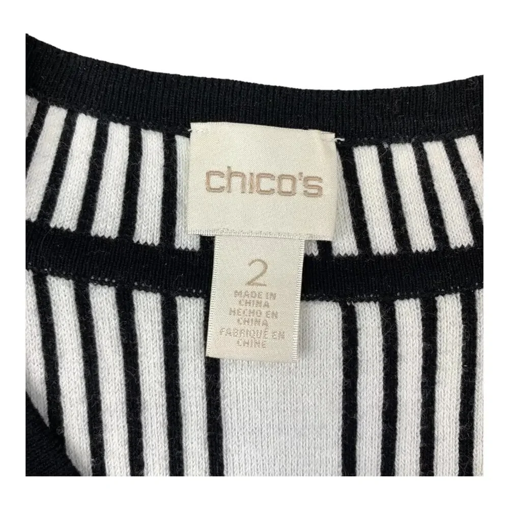 Chico's Natania Black/White Stripe asymmetrical Zip Up Cardigan Sweater size 12